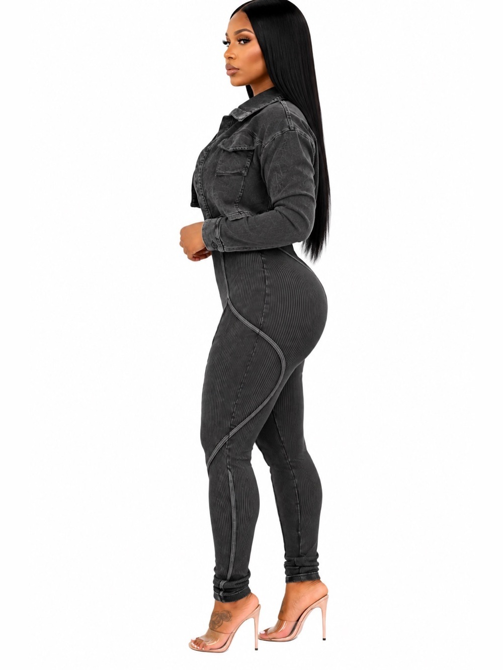 Chic Ribbed Jumpsuit with Cropped Jacket Set - Picture 2 of 3